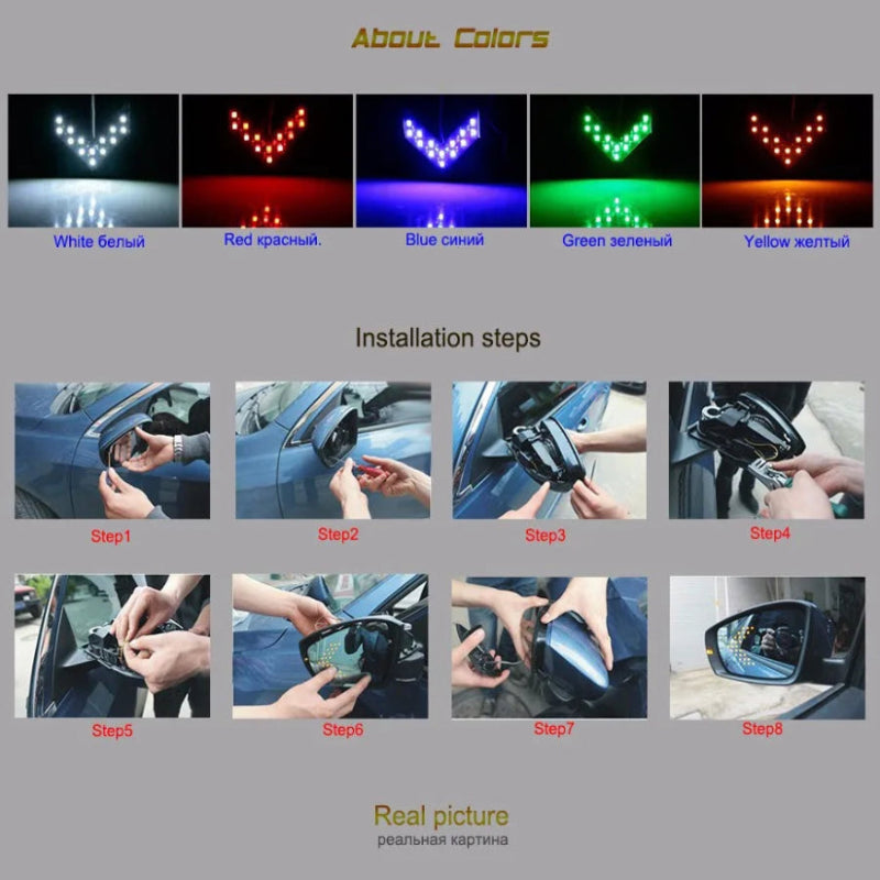 Color options and installation steps for a car mirror with LED lights.