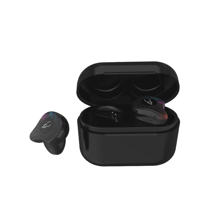 Black wireless earbuds with charging case on a white background