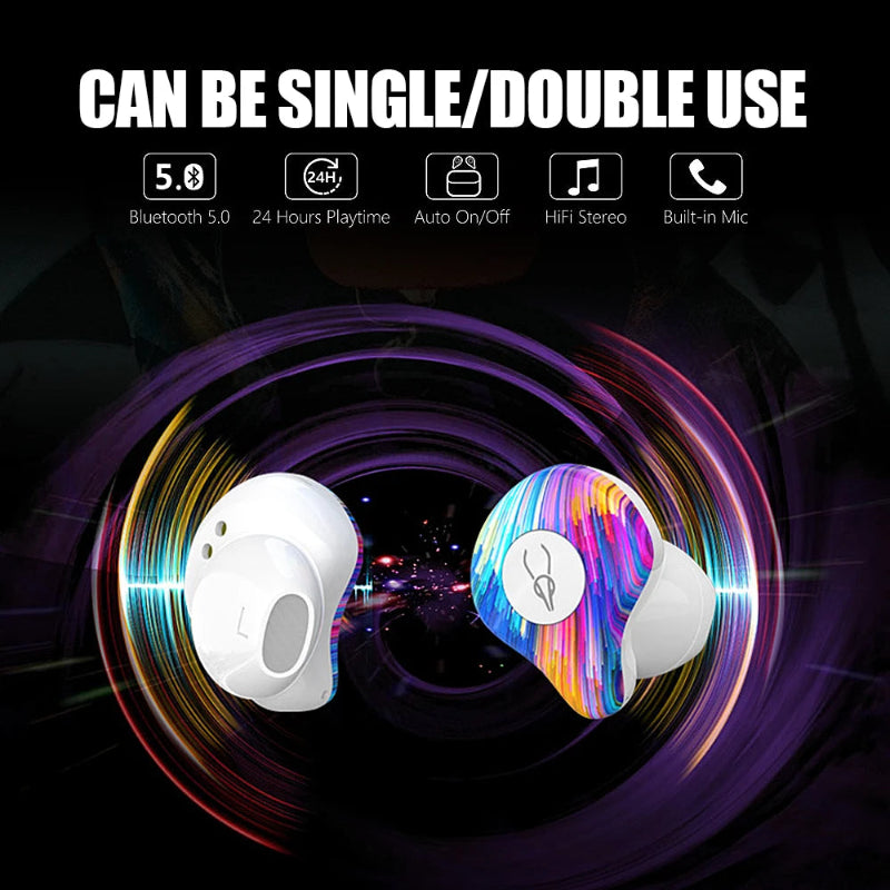 Wireless earbuds with colorful design on a dark background, featuring text and icons indicating features.