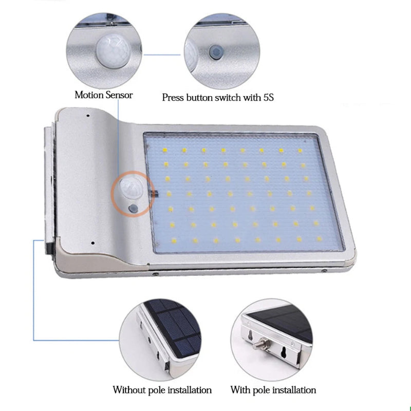 Solar wall light with motion sensor and press button switch, showing different installation options.