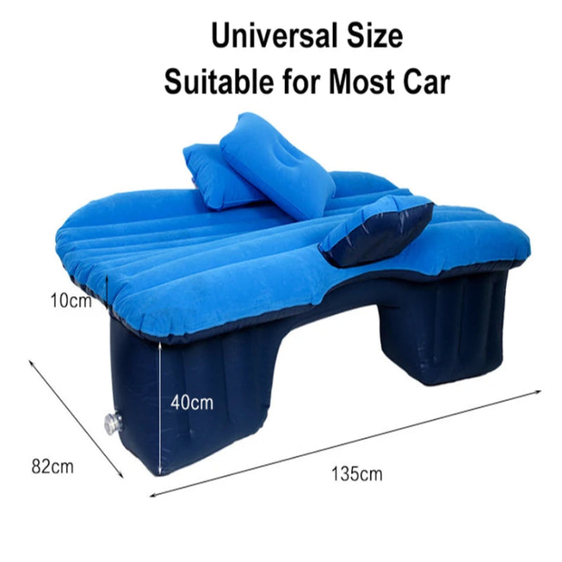Blue inflatable car mattress with dimensions on a white background