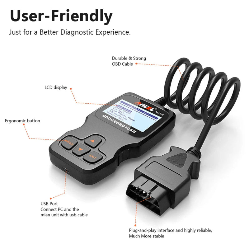 Car diagnostic tool with OBD cable on a white background, featuring text highlighting features.