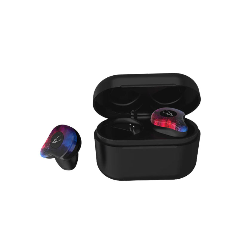 Wireless earbuds with a black charging case on a white background