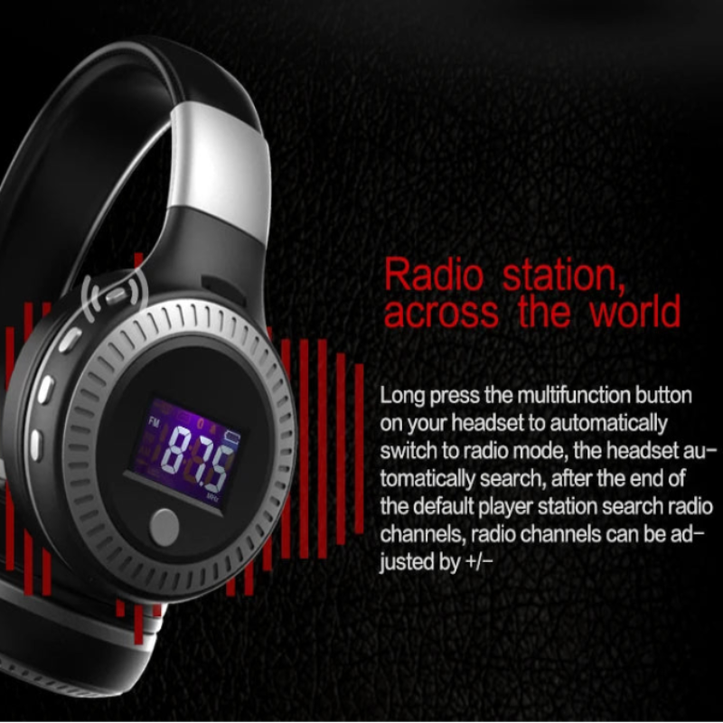 Headphones with digital display on a black background with text about radio station functionality.