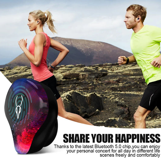 Two people running outdoors with a colorful Bluetooth speaker in the foreground.