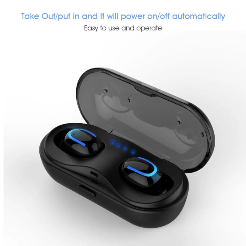 Black wireless earbuds with charging case on a white background