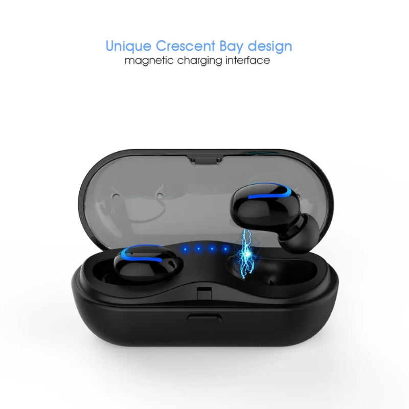 Black wireless earbuds with charging case on a white background