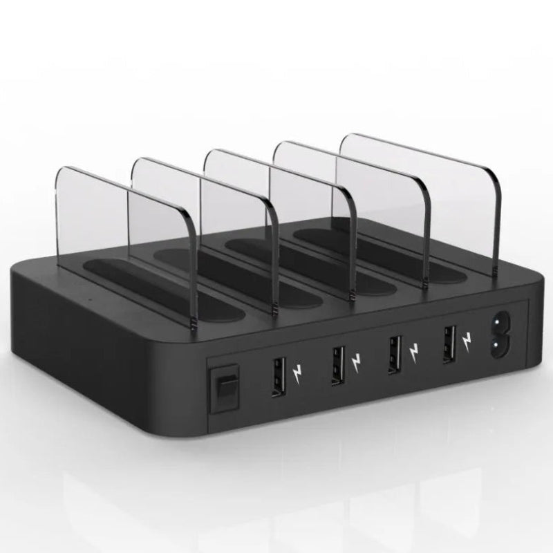 Black USB charging station with multiple ports on a white background