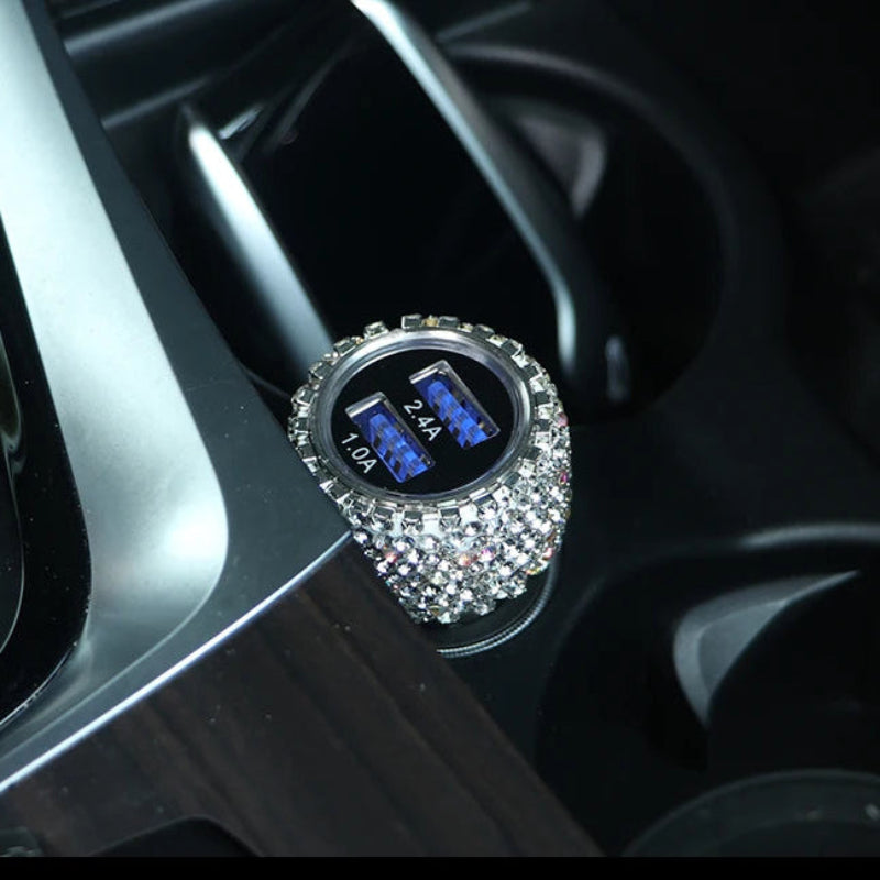 Car charger with bling on a car dashboard