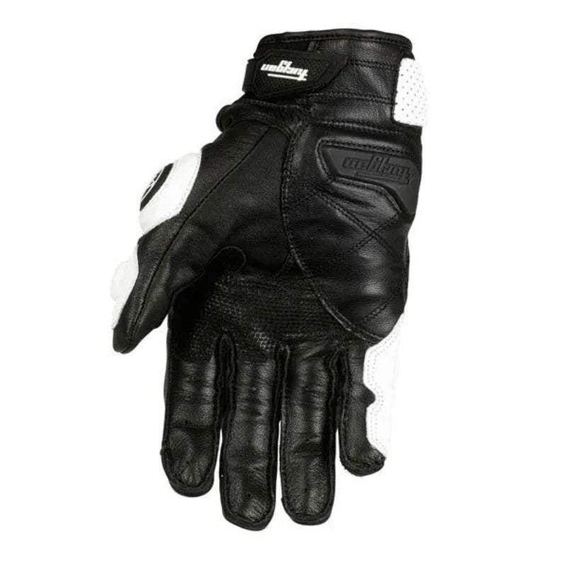 Black leather glove with brand logo on a white background