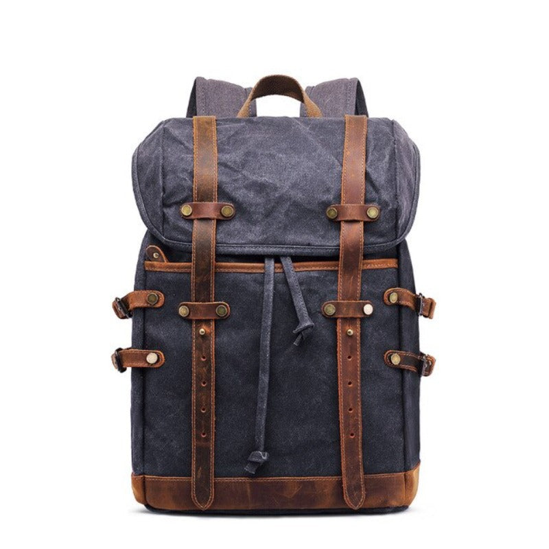 Retro Men Wax Canvas School Travel Backpack Teenager Laptop Backpack with Crazy Horse Leather Belt