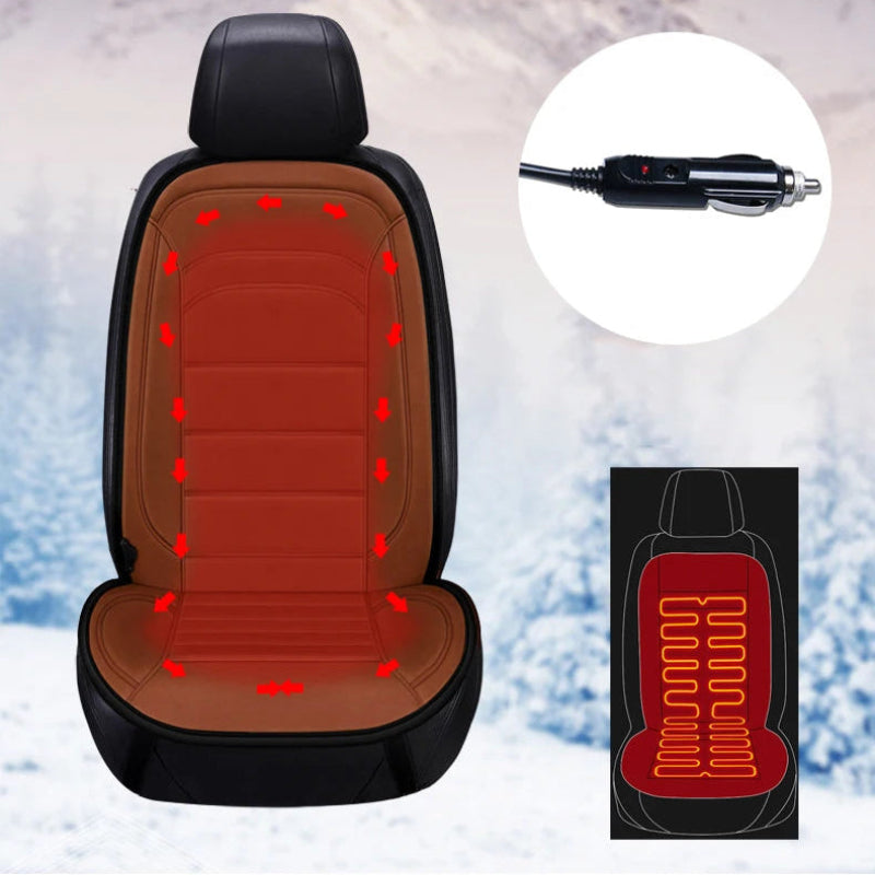 Heated car seat cover with control panel and heating indicator on a snowy background
