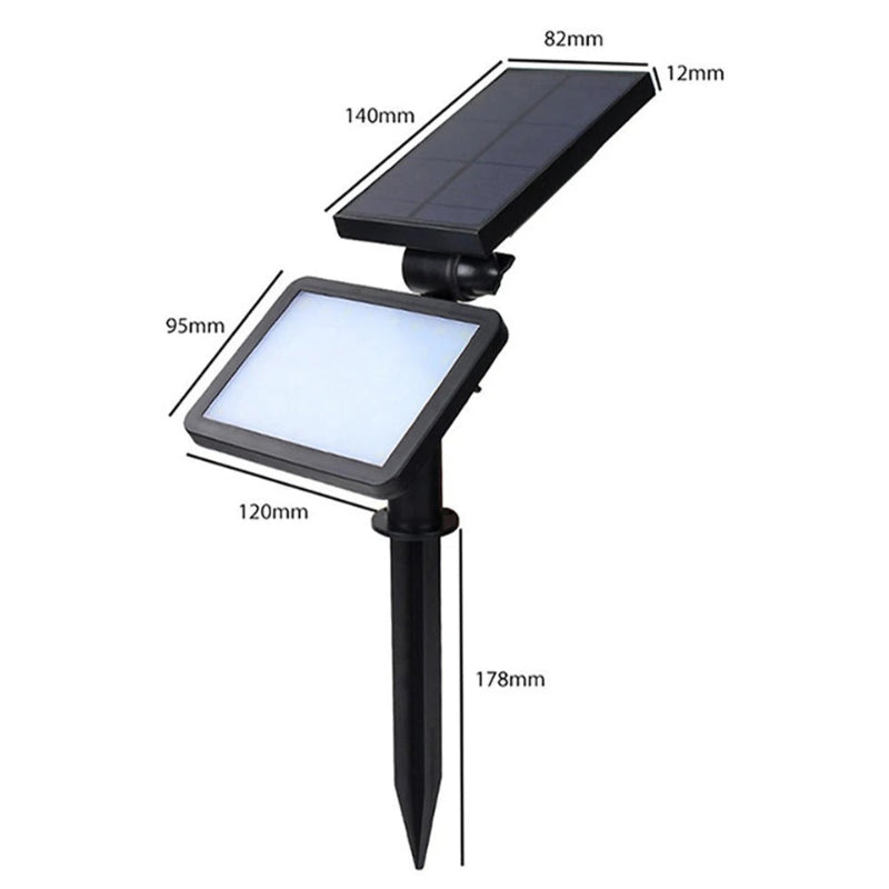 Solar-powered outdoor light with dimensions labeled on a white background