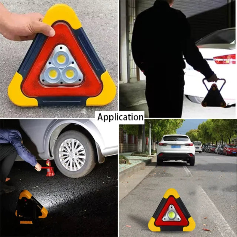 Collage of a warning triangle light being used in various scenarios, including on a car and on a road.