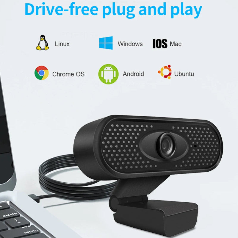 Webcam on a laptop with operating system compatibility icons displayed.