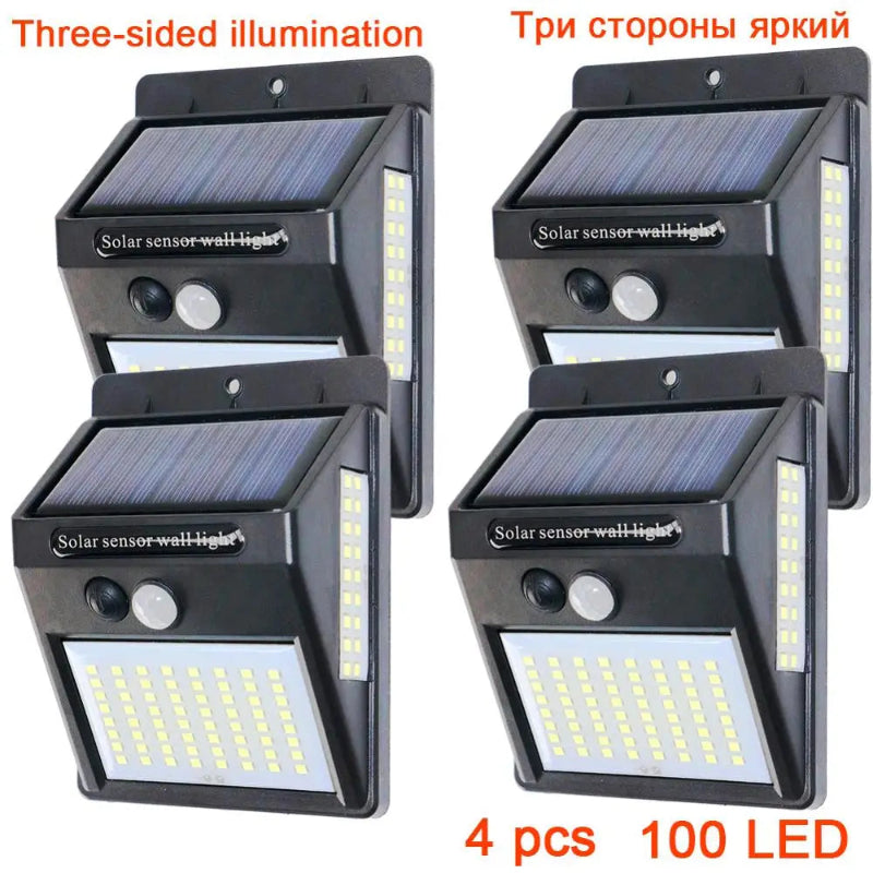Four solar sensor wall lights with 100 LED lights on a white background.