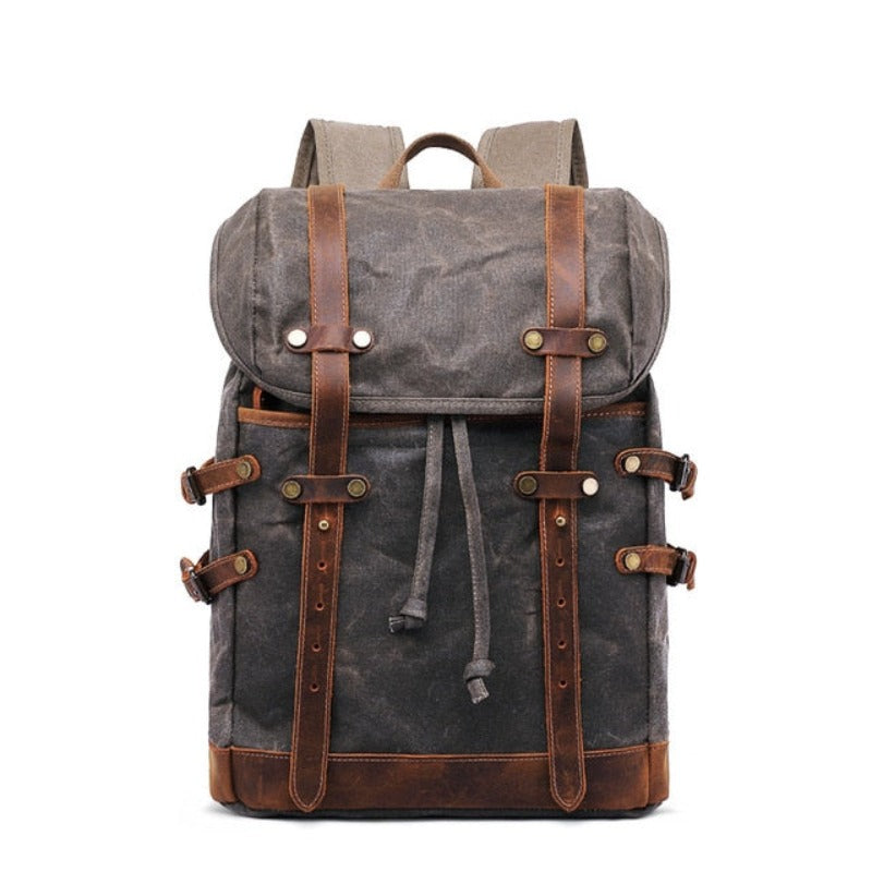 Retro Men Wax Canvas School Travel Backpack Teenager Laptop Backpack with Crazy Horse Leather Belt