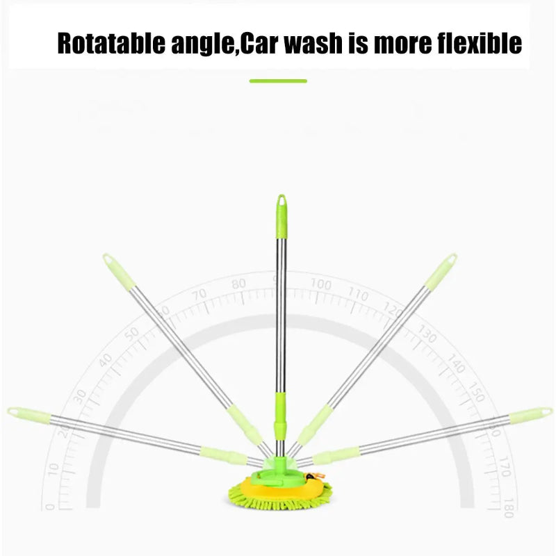 Rotatable car wash brush with green handle and clear bristles on a white background