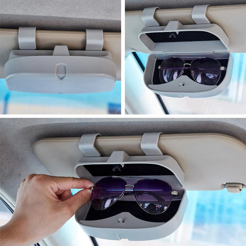 Car visor sunglasses holder with sunglasses inside, shown from different angles.