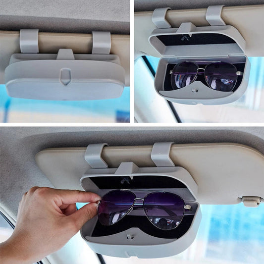 Car visor sunglasses holder with sunglasses inside, shown from different angles.