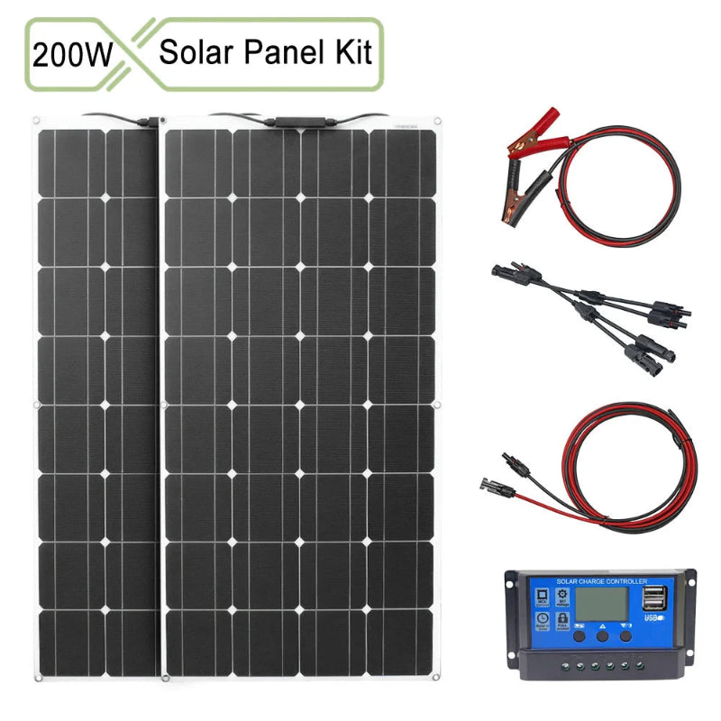 200W solar panel kit with connectors and controller on a white background