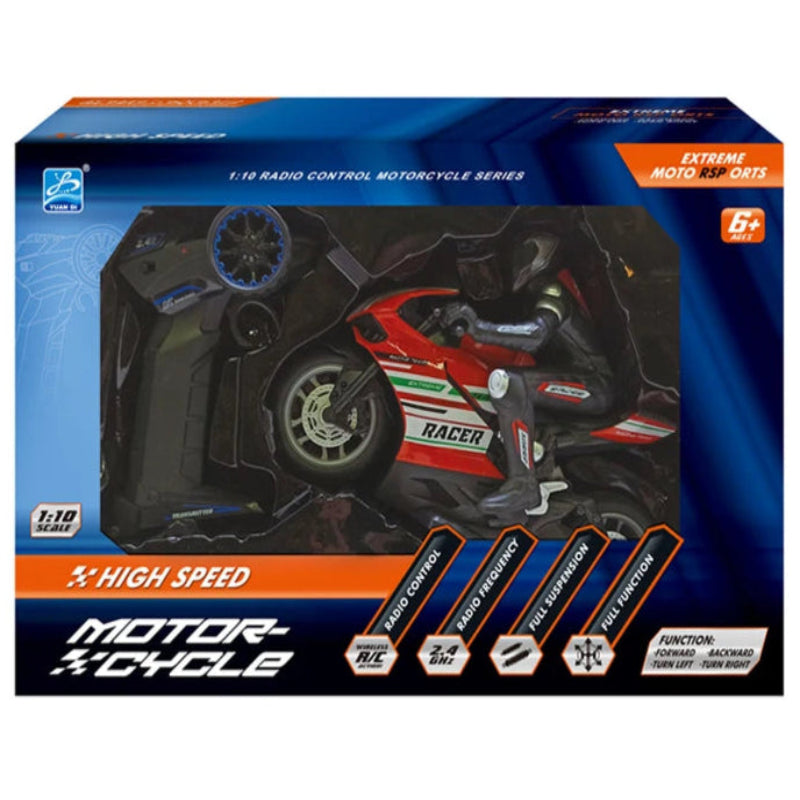 Boxed toy motorcycle with branding and product details on a white background