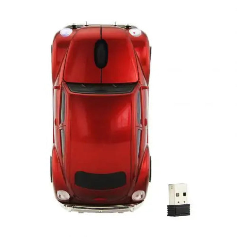 Red car-shaped computer mouse with a small USB receiver on a white background