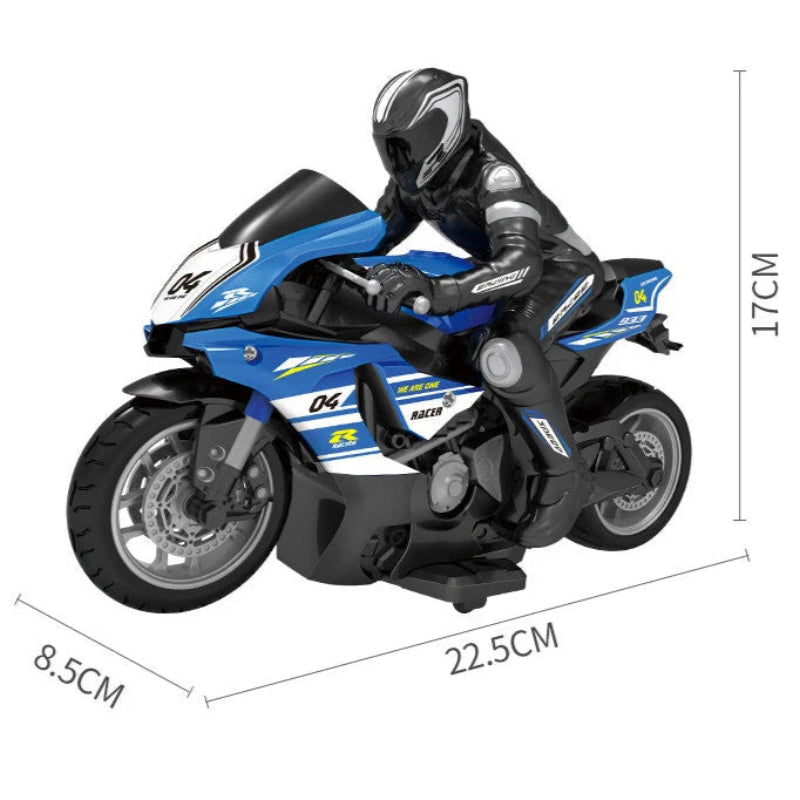 Toy motorcycle with rider dimensions shown on a white background