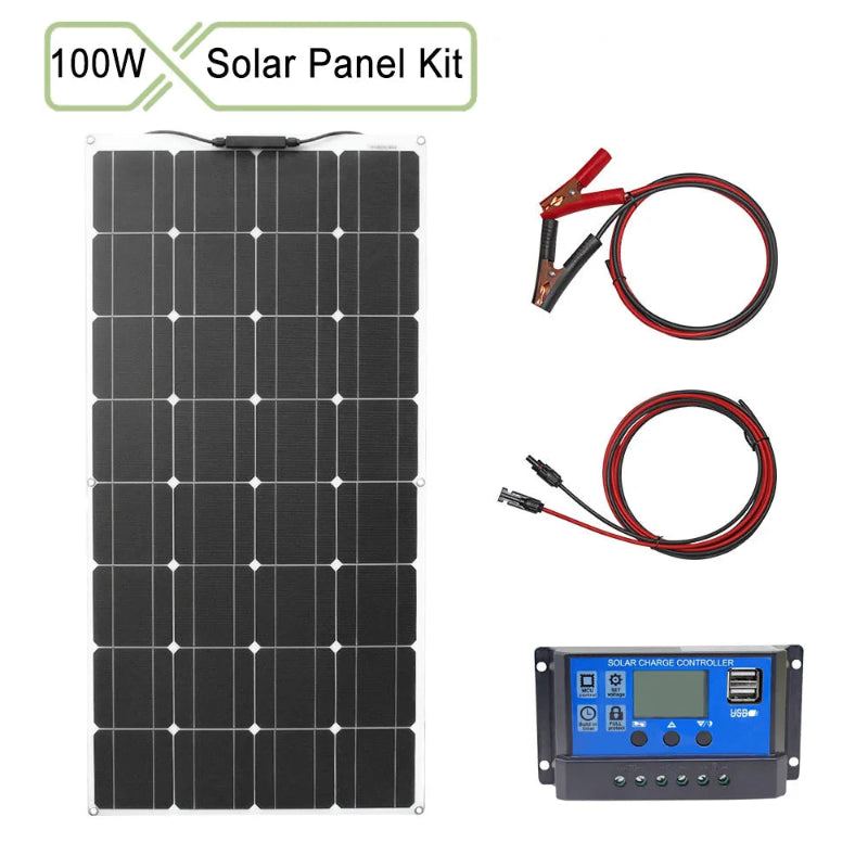 100W solar panel kit with solar panel, cables, and controller on a white background