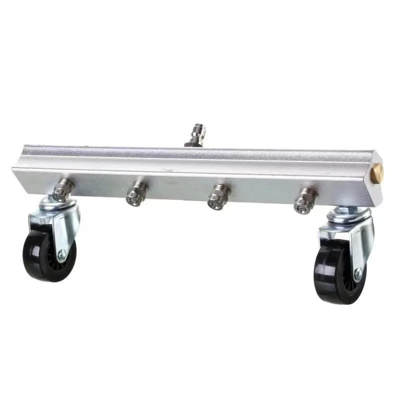 Metal caster wheel assembly with four wheels on a white background