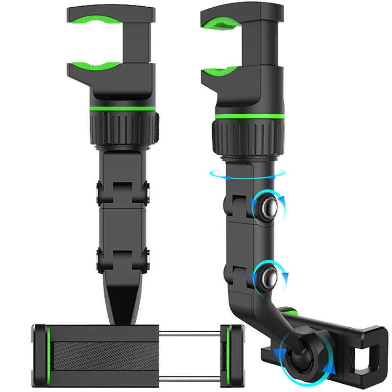 Black and green phone holder with adjustable arm on a white background