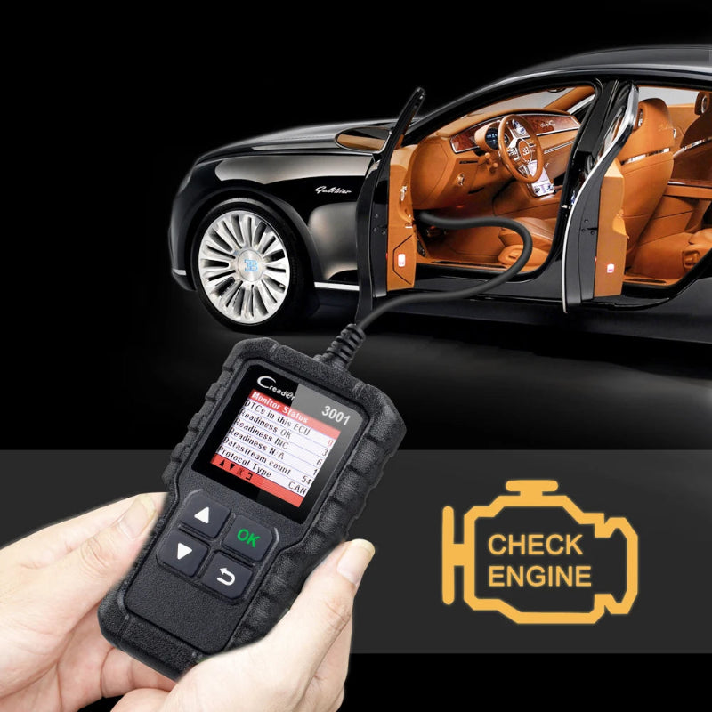 Car diagnostic tool held by a hand with a car in the background, featuring a 'Check Engine' symbol.