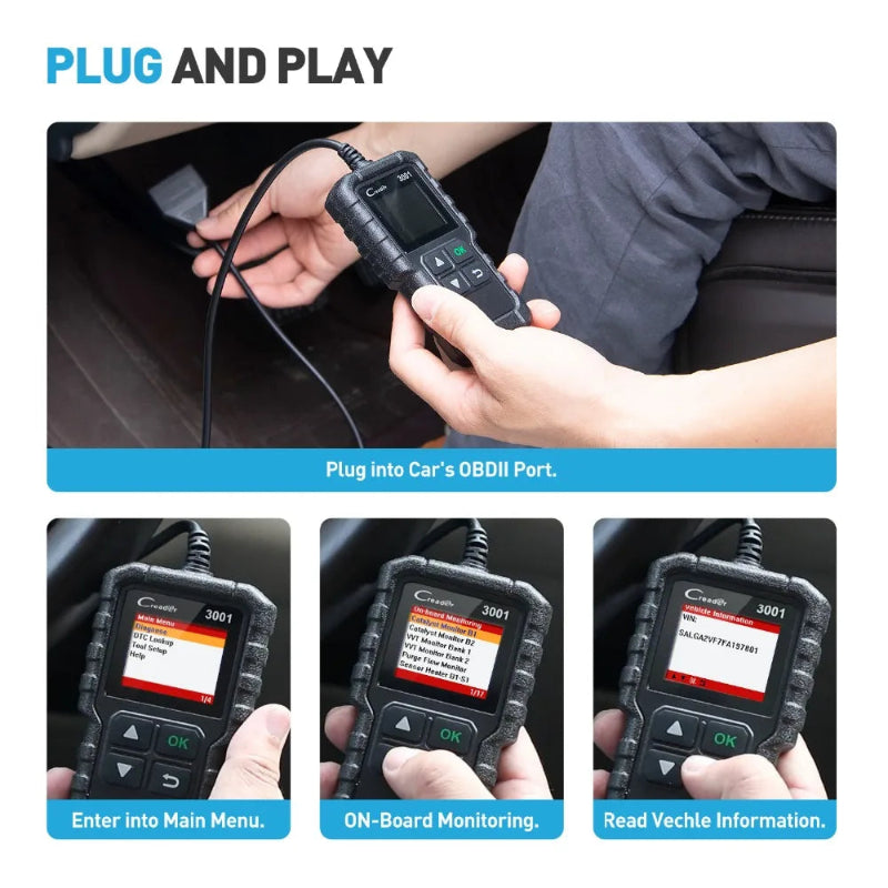 Car diagnostic tool being used to check vehicle information, with text indicating 'Plug and Play' and steps on how to use it.