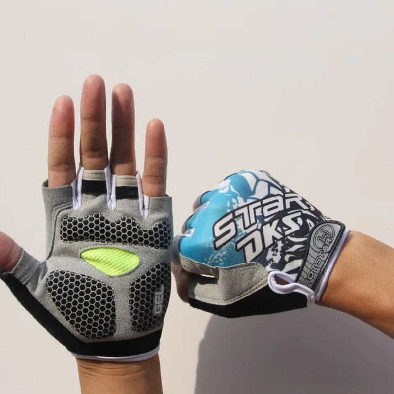 Two gloves, one gray with green accents and the other blue with black text, held up against a neutral background.