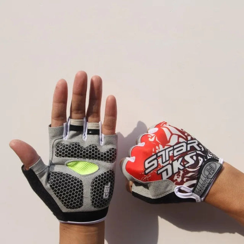 Two gloves, one gray with honeycomb pattern and green logo, the other red with 'Star' branding, on a neutral background.