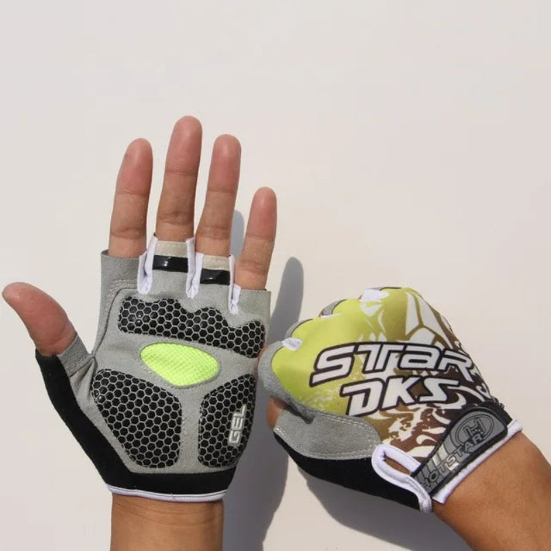 Gray and green cycling gloves with brand logo on a light background