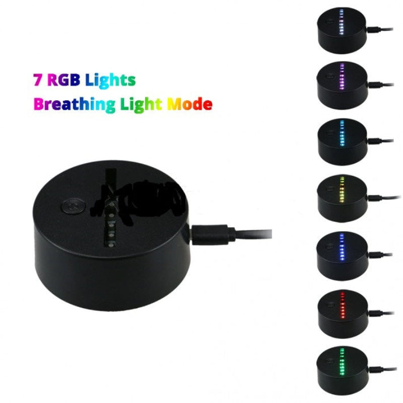 A black cylindrical LED light strip product shown on a white background, with text reading '7 RGB Lights Breathing Light Mode' and a vertical row of smaller views demonstrating different RGB color modes.