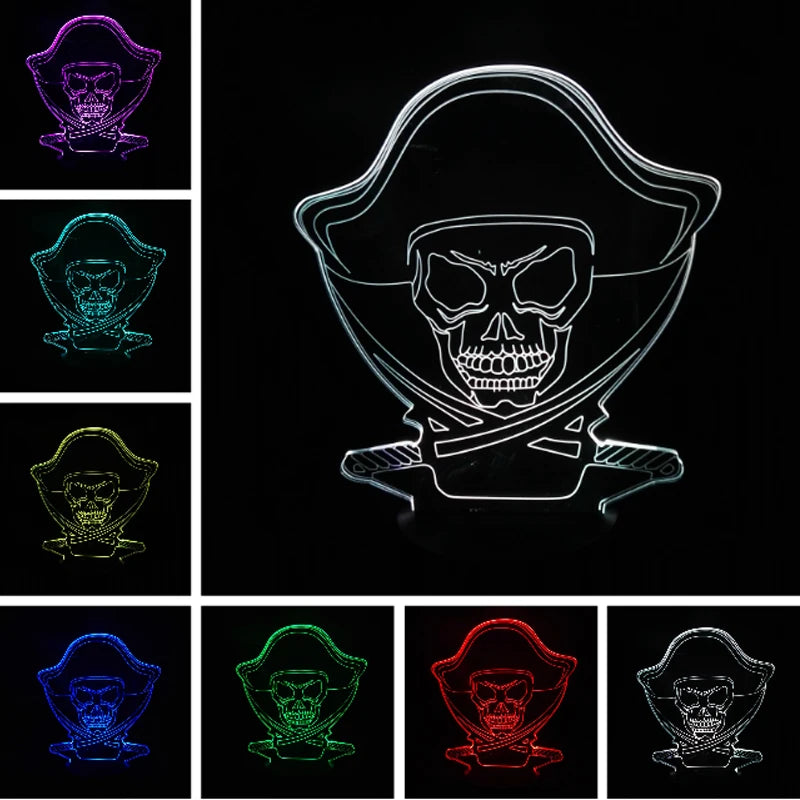 A pirate skull lamp or decor piece shown on a black background, with the main product centered and smaller color variants arranged around it. The main item appears to be a transparent or clear acrylic-style silhouette of a skull wearing a tricorn hat, with crossed swords behind it.