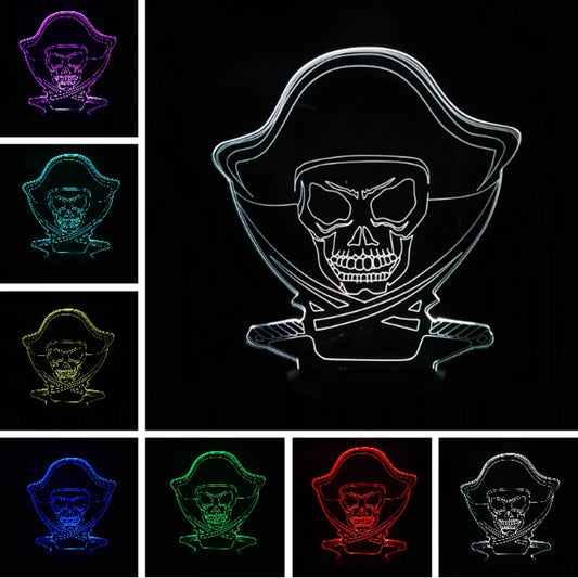 A pirate skull lamp or decor piece shown on a black background, with the main product centered and smaller color variants arranged around it. The main item appears to be a transparent or clear acrylic-style silhouette of a skull wearing a tricorn hat, with crossed swords behind it.