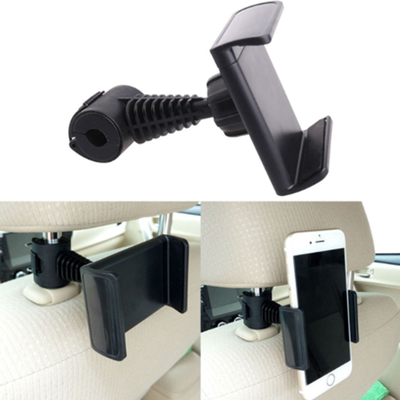 Car phone holder attached to a car's headrest with a smartphone on it.