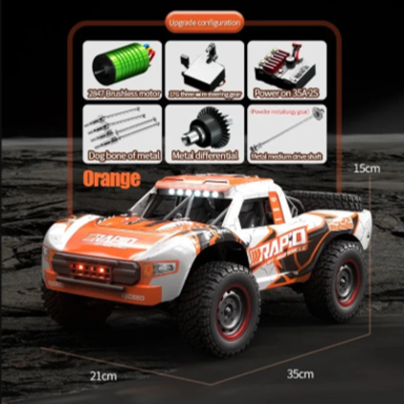 Orange and white remote control truck with customizable parts on a dark background