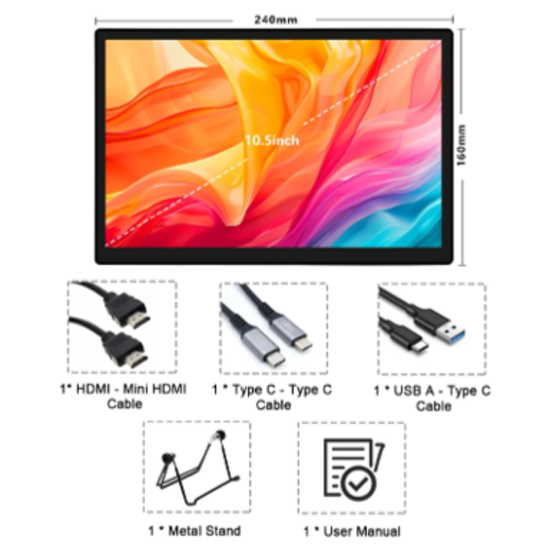 10.5-inch display with cable and stand accessories on a white background