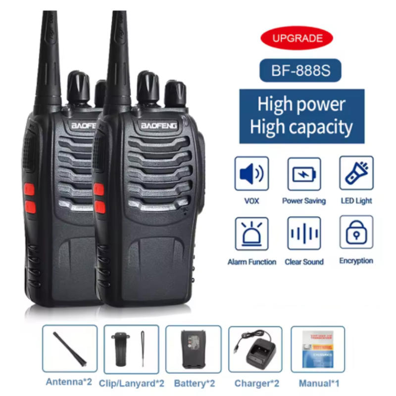 Two black walkie-talkies with features listed on a white background
