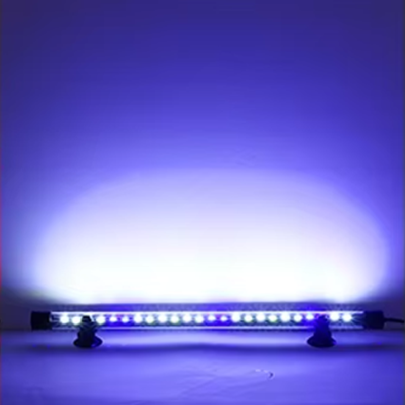 LED light bar emitting a bright blue light on a dark background