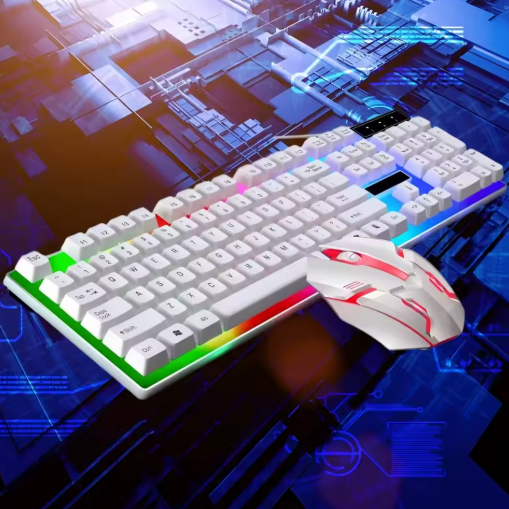 Gaming keyboard and mouse set on a futuristic circuit board background