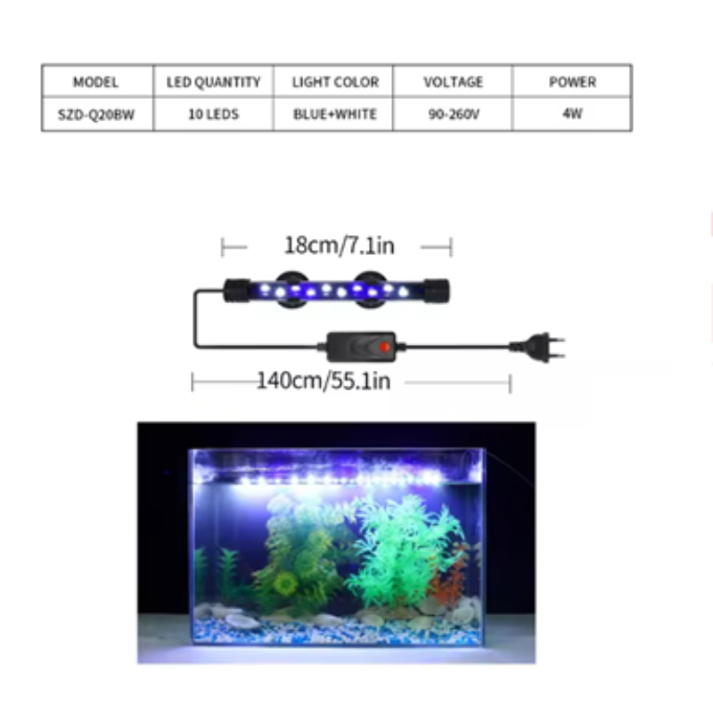 Aquarium light with specifications and dimensions displayed on a white background