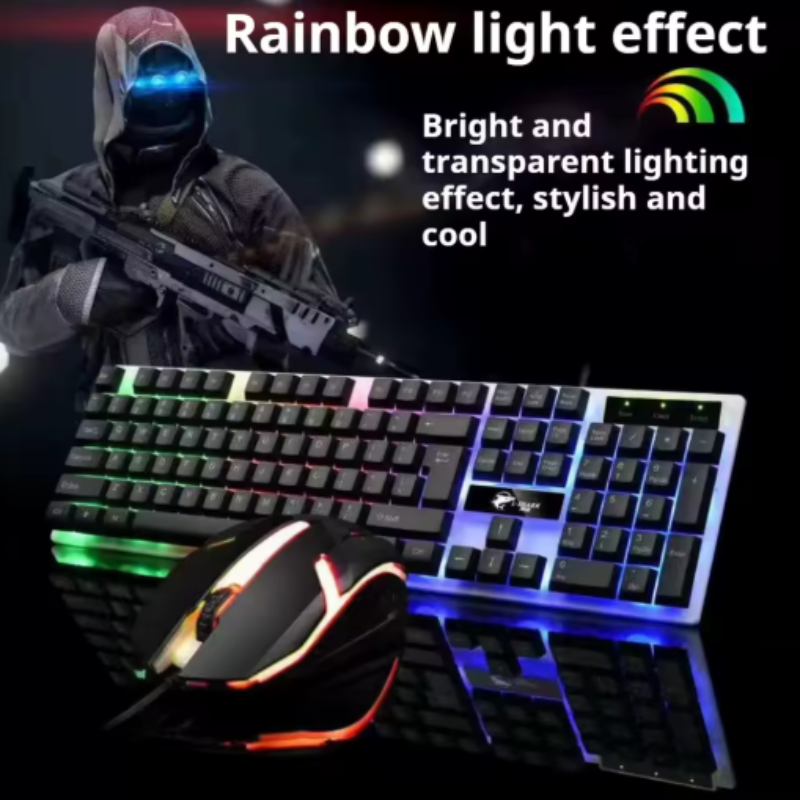 Gaming keyboard and mouse set with rainbow light effect on a dark background