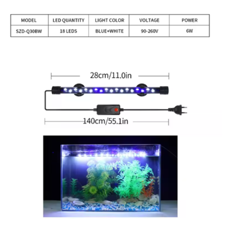 Aquarium LED light with specifications and a sample installation.