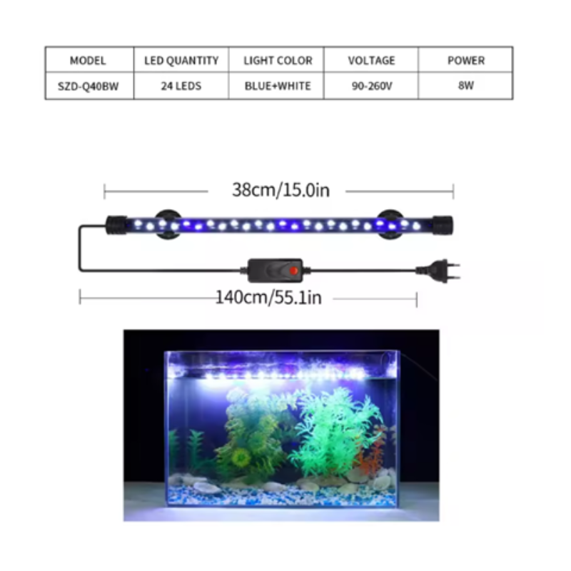 Aquarium LED light strip with specifications and a sample installation.