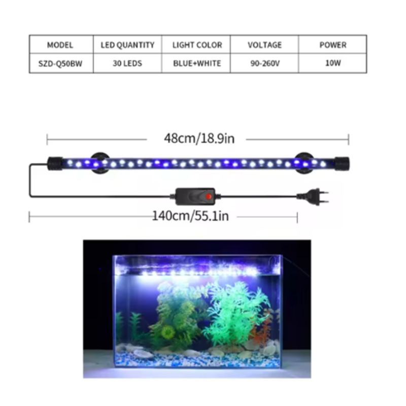 Aquarium LED light with specifications and a sample setup.